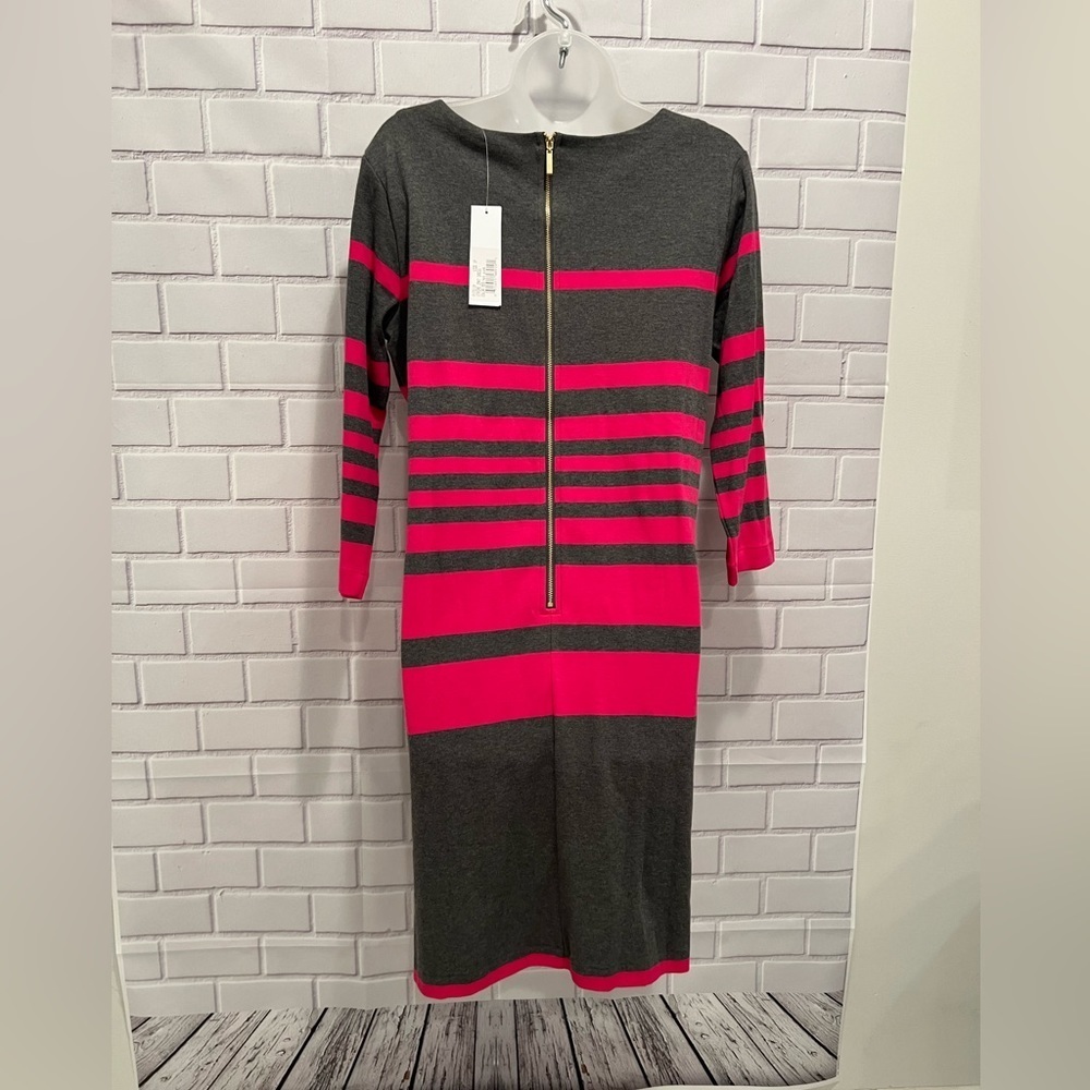 JOAN VASS striped hot pink & gray Barbiecore 3/4 sleeve casual dress/size MP - Picture 6 of 8